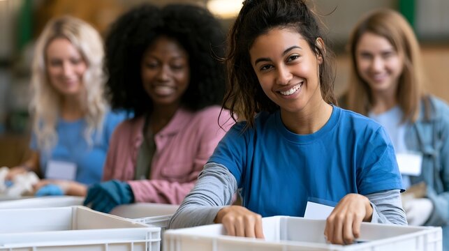 Four young women smiling while sorting items into white crates at a comm service event