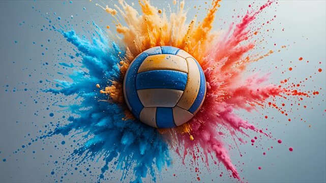 volleyball splash blue yellow red powder colors in motion