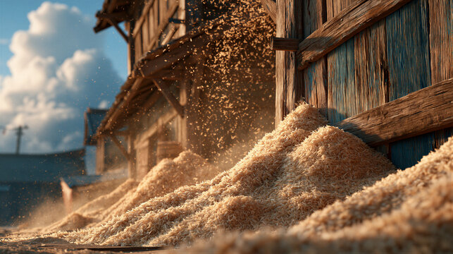 Rustic granary spilling golden rice under blue sky. Golden hour sunbeams light floating grain dust. Shallow depth of field with right copy space, perfect for harvest promotions and marketing.