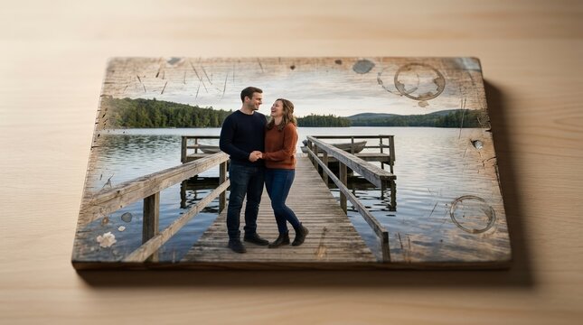 Printed photograph of a couple on a lake pier displayed on a rustic wooden plaque. Weathered wood print with coffee stains on a table. Memory and keepsake concept