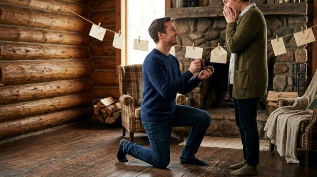 Man proposing to a woman inside a cozy log cabin. Romantic marriage proposal with engagement ring box in front of a fireplace. Love and relationship concept