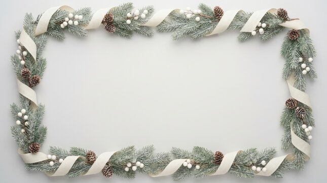 Winter wedding border with frosted pine branches and pinecones. Symmetrical decorative frame with white berries and cream ribbon. Flat lay with central copy space