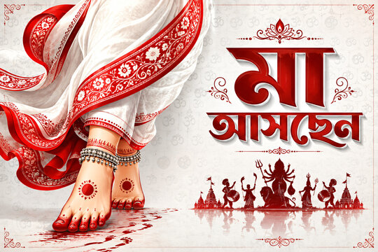 Maa Durga arriving for Bengali Durga Puja with traditional red and white sari, auspicious festival typography and cultural celebration design