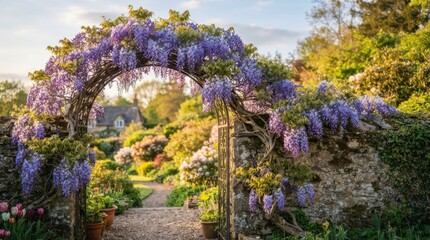 Obraz premium Stone Garden Arch Covered With Purple Wisteria and Spring Flowers
