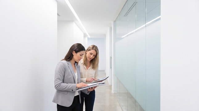 Two professional Caucasian women walking down bright modern corporate hallway corridor while reviewing project documents upon digital tablet device screen display