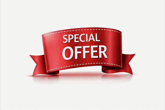 Special offer banner with red ribbon and bold white text
