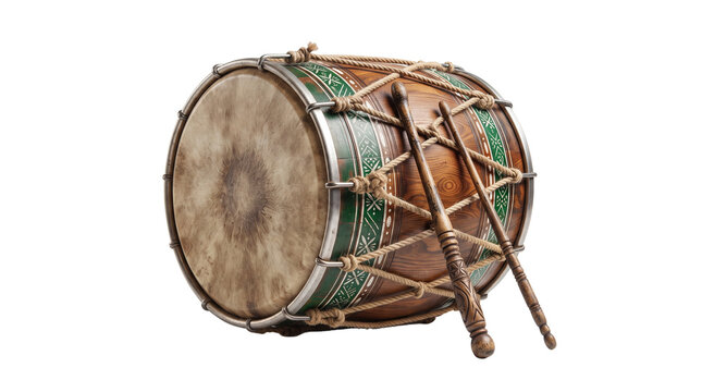 Vintage wooden marching drum with drumsticks, antique percussion instrument with green pattern, traditional folk music equipment isolated PNG with Transparent Background