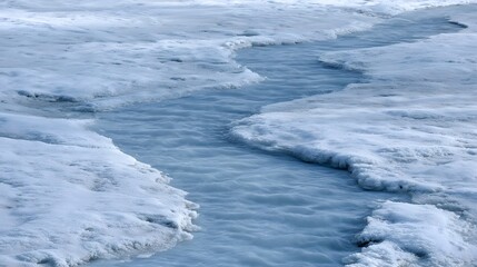 Naklejka premium A narrow stream of clear blue water flows through a snowy landscape bordered by textured ice and frosty banks under soft morning light