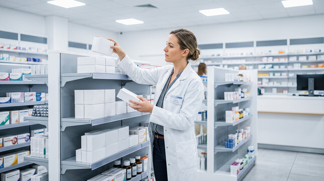 beautiful female pharmacist wearing white lab coat standing holding blank medicine box near tall shelves fully stocked inside modern retail pharmacy store interior