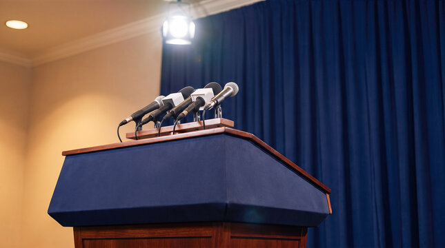 wooden political podium carrying multiple blank microphones placed against dark blue curtain backdrop illuminated directly bright overhead studio spotlight ready speech