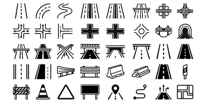 Set of hand drawn road and highway icons representing various traffic signs infrastructure elements and transportation network symbols