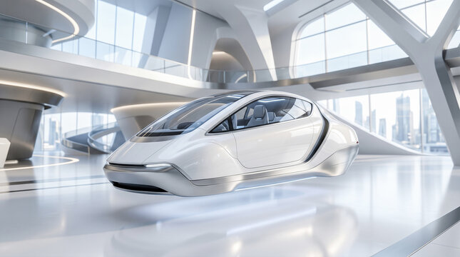 futuristic white flying car hovering above reflective floor inside modern bright empty contemporary architectural interior advanced transportation technology innovation concept