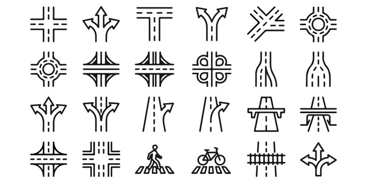 Set of various road intersection and highway junction icons featuring different traffic layouts and transport infrastructure design elements