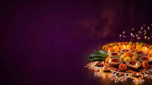 Diwali diya lamps and marigold flowers on dark festive copy space