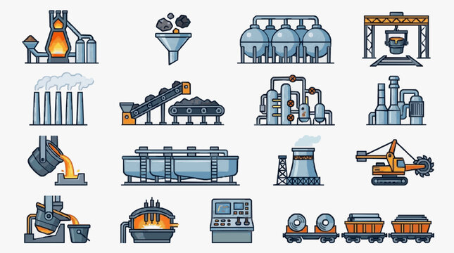 Dynamic Illustrated Collection of Industrial Machinery and Mining Equipment in Vibrant Colors with high quality professional line art symbols for modern creative design and digital branding projects
