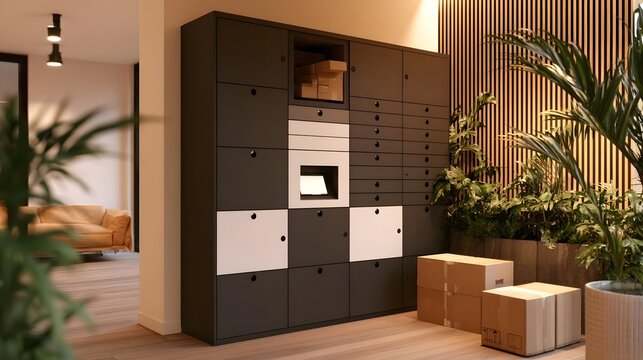 Modern automated parcel locker system stands against warm wooden wall beside potted plants and cardboard boxes on light wood floor