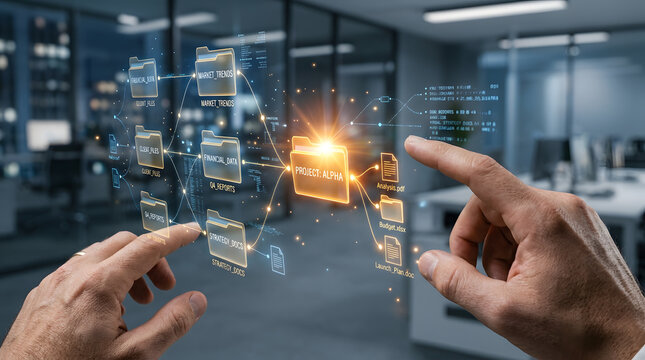 A person's hands interacting with a futuristic holographic data management system in a modern office.