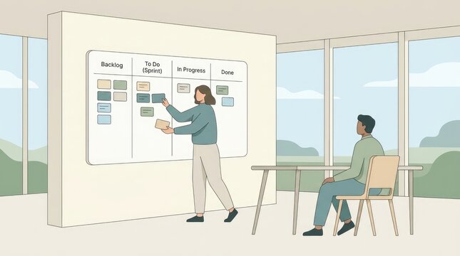 A woman placing a sticky note on a scrum board while a man sits at a desk in a bright office, depicting agile project management workflow