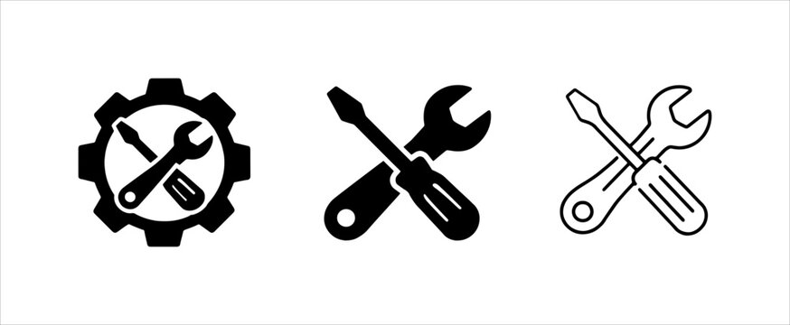 Technical repair service icons featuring crossed tools and cogwheel symbols for industrial maintenance and support apps.
