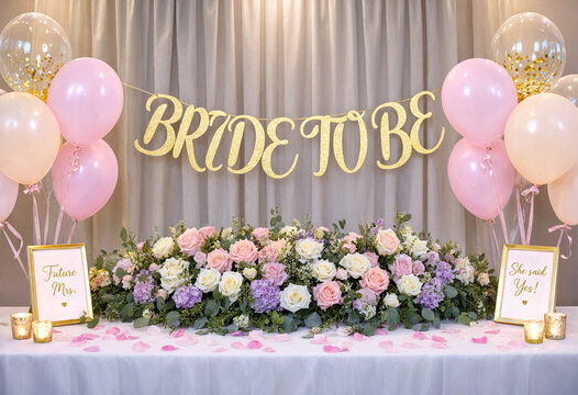 Beautiful bridal shower decoration with flowers balloons and bride to be sign on elegant table setup