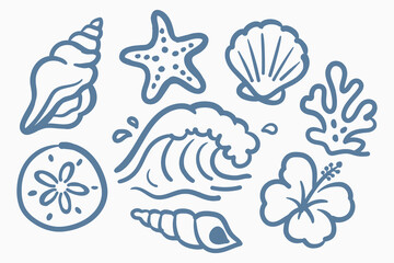 Fototapeta premium Hand Drawn Tropical Beach and Ocean Doodle Collection Featuring Seashells, Starfish, Coral Reef, Sand Dollar, Waves and Coastal Vacation Elements