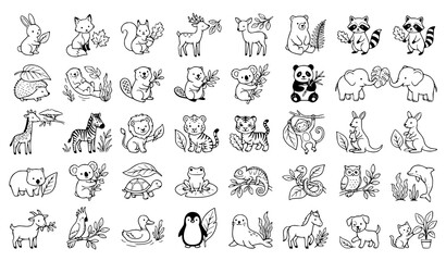 Fototapeta premium Cute animals with plants and leaves, woodland wildlife, safari fauna, and nature creatures line art vector icons set isolated on white background