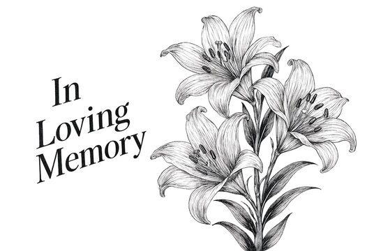 Beautiful handdrawn lilies with elegant typography in loving memory design concept