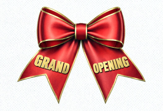 Beautiful red decorative bow with grand opening text isolated for celebrations and events