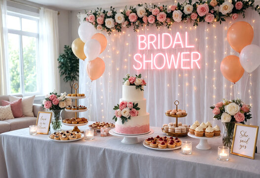 Beautifully decorated bridal shower dessert table with cakes flowers and balloons in elegant pastel colors