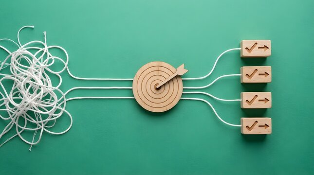 Tangled String Passing Through Wooden Target and Turning into Straight Lines with Checkmarks