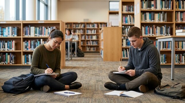 Teenagers sitting on a library floor writing in notebooks. High school students studying and doing homework among bookshelves. Academic education and learning concept