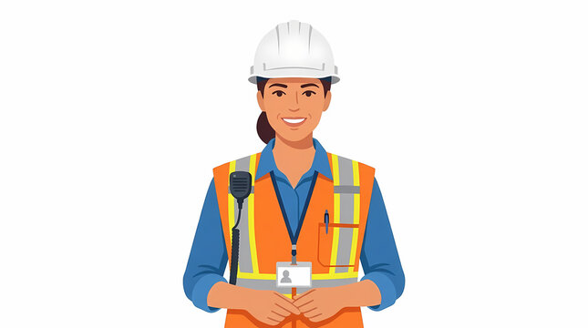 Flat vector portrait of a professional female construction worker wearing a white hard hat, orange high-visibility safety vest, radio, and ID card, isolated on white background.