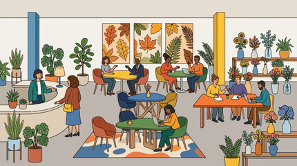 Fototapeta premium Botanical cafe interior shows people sitting at tables, working on laptops, and browsing plants in a cozy retail environment.