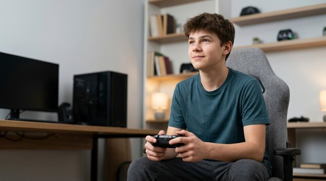 Teenage boy holding a game controller and looking up thoughtfully. Smiling adolescent gamer sitting in a gaming chair in a modern room with a computer setup