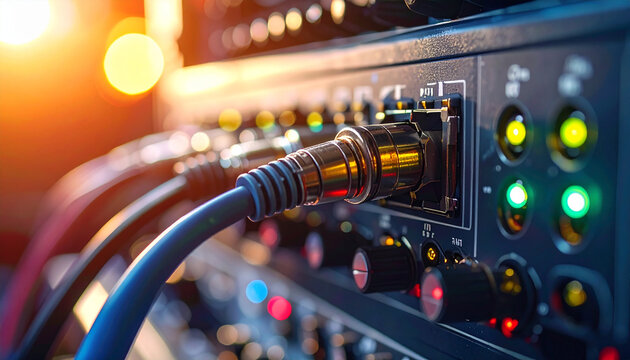 Thick studio quarter-inch audio cable plug connected into an analog hardware patchbay rack receiver with warm bokeh