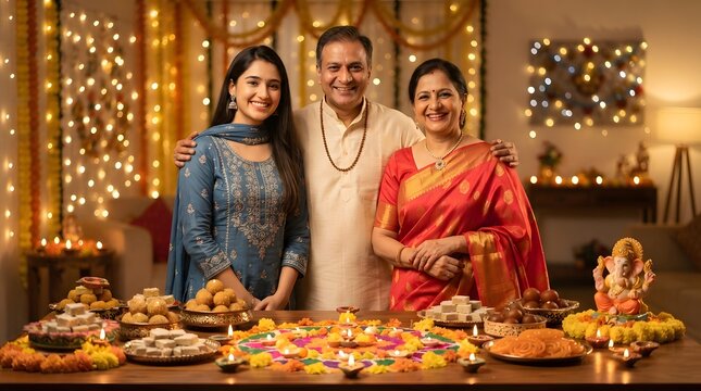 Happy indian family celebrating diwali festival at home with traditional sweets and rangoli