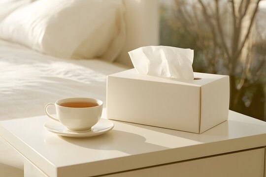 Taschentuchbox und warmer Tee bei Erk&auml;ltung im Schlafzimmer