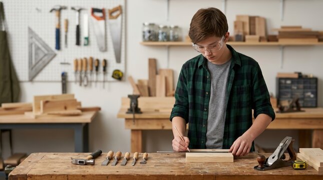 Teenage boy measuring wood for carpentry project in workshop. Young male wearing safety glasses working at workbench with hand tools