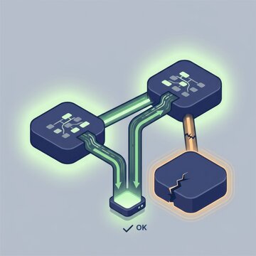 Distributed service continuity diagram with two healthy nodes preserving shared output while one service zone fails, fault tolerance and high availability technology concept