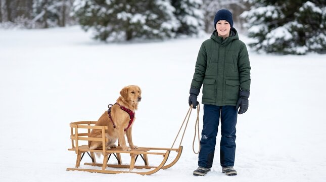 Teenage boy standing with a golden retriever dog in a wooden sled. Smiling adolescent in winter clothing enjoying a snowy day outdoors with his pet