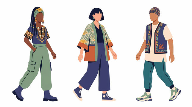 Minimalist flat vector illustration of three diverse people in modern urban streetwear influenced by cultural textiles including kimono jackets, dashiki shirts, and embroidered vests.