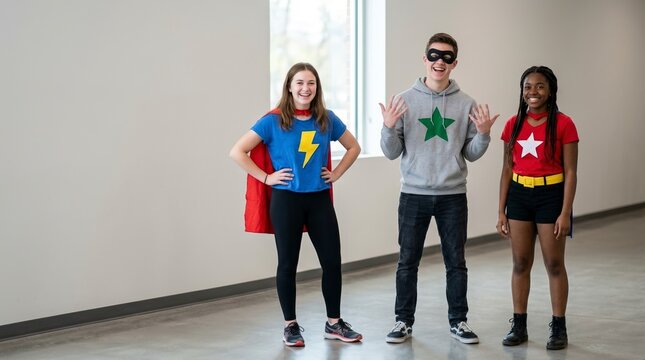 Diverse group of teenagers posing in simple superhero costumes. Happy friends wearing capes and masks standing in a bright hallway. Fun youth roleplay and creative party concept