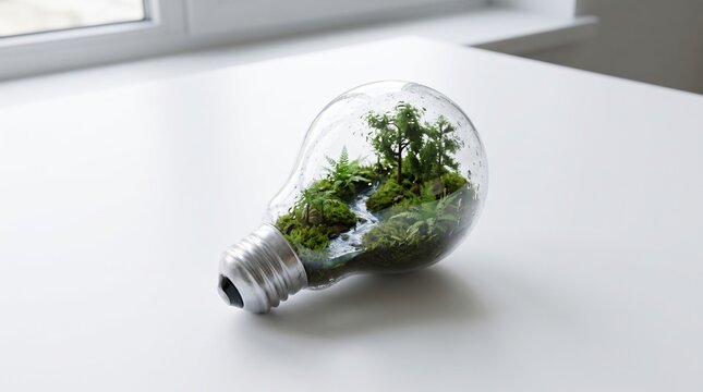 Eco-Friendly Light Bulb with Greenery and Nature Inside a Modern Setting