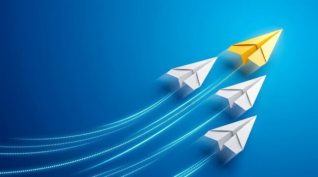 Business Competition Concept with One Yellow Paper Airplane Ahead of Others