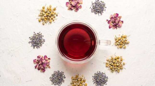 Hibiscus tea cup with dried herbal flowers arrangement on a white textured background