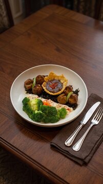 Generative AI illustration of Indonesian fusion Swedish meatballs served with rich rendang gravy, mashed potatoes, steamed broccoli, and crispy cassava leaves on a dark wooden table.