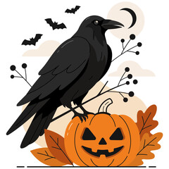 Fototapeta premium A black crow perches on a branch above a carved pumpkin with bats and a crescent moon Halloween concept vector illustration isolated on white background
