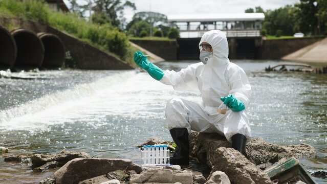 Environmental Scientist in Hazmat Suit Testing Water Quality with Pipette Near Drain Pipe Wide Concept