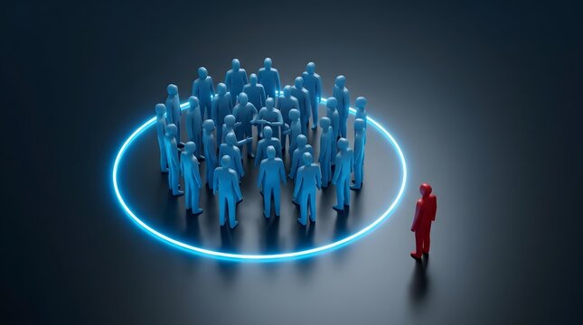 Isolated Red Individual Separated from Blue Group of People Representing Social Rejection and Alienation