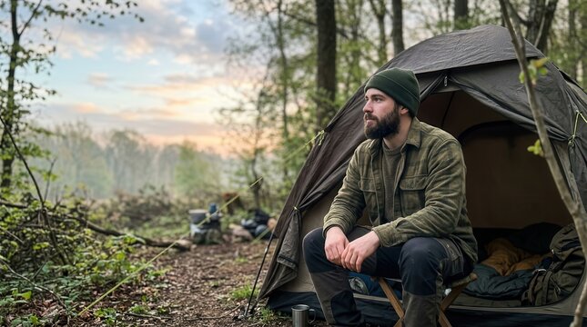 A contemplative bearded man sitting outside his tent in a serene forest at dawn
